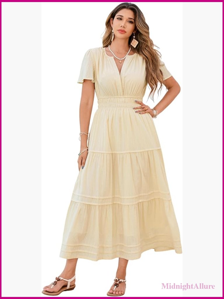 Short Sleeve V Neck Midi Dress Embroidered Tiered A Line